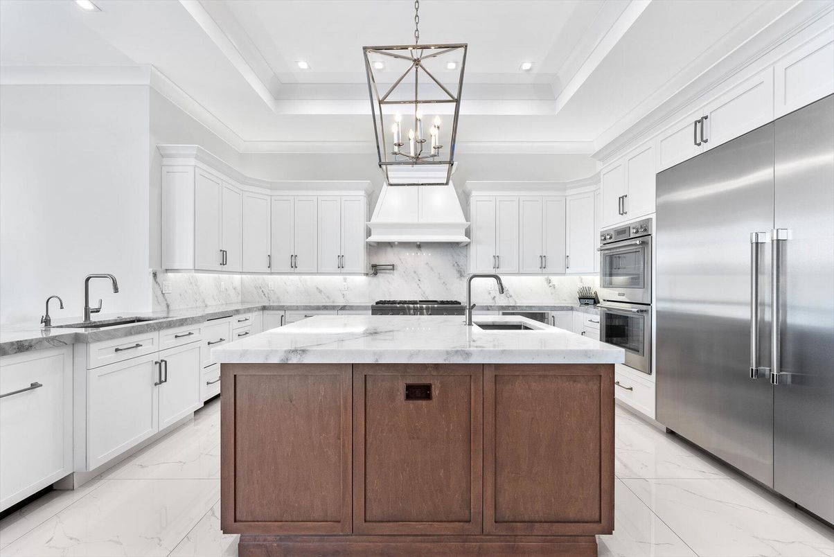 Interior, Kitchen, Marble, Pendant Lights, Recessed Lighting, Stainless Steel Appliances