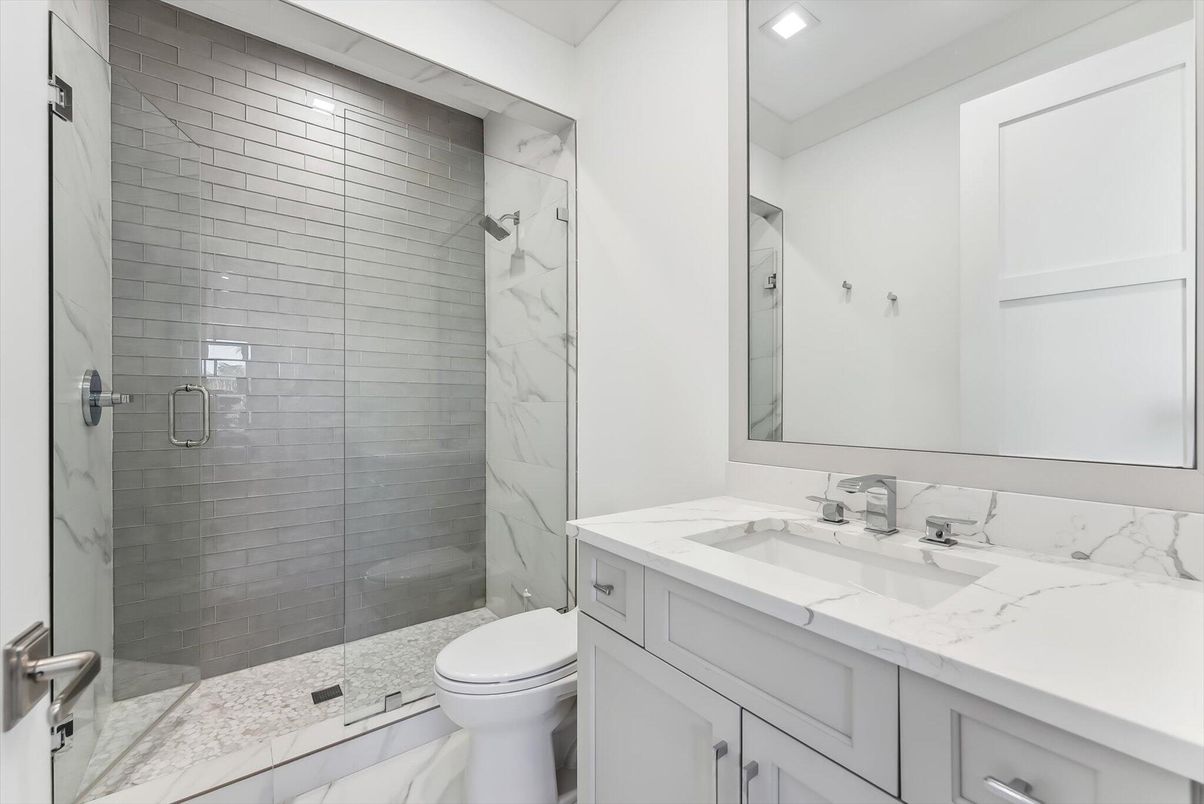 Bathroom, Glass Shower, Interior, Marble Walls, Recessed Lighting