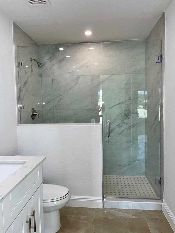 Bathroom, Glass Shower, Interior, Marble Walls, Recessed Lighting