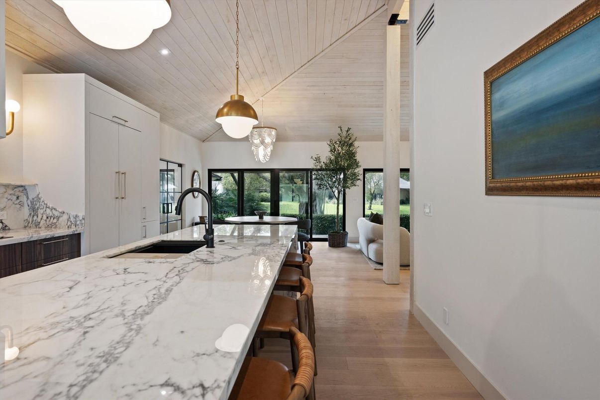 Interior, Kitchen, Pendant Lights, Recessed Lighting, Wooden Ceilings, Wood Texture Flooring
