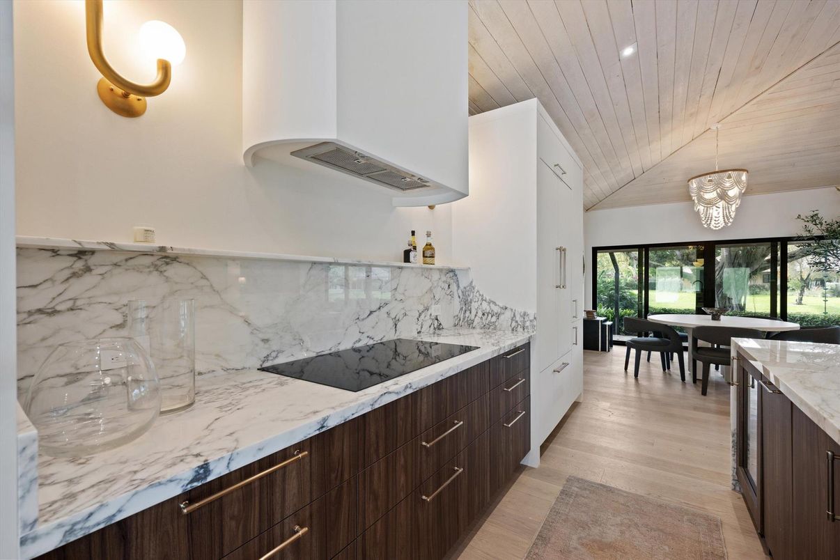 Dining room, Interior, Marble Walls, Pendant Lights, Wooden Ceilings, Wood Texture Flooring