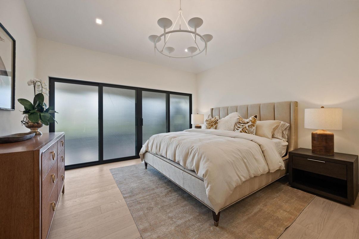 Bedroom, Interior, Pendant Lights, Recessed Lighting, Wood Texture Flooring