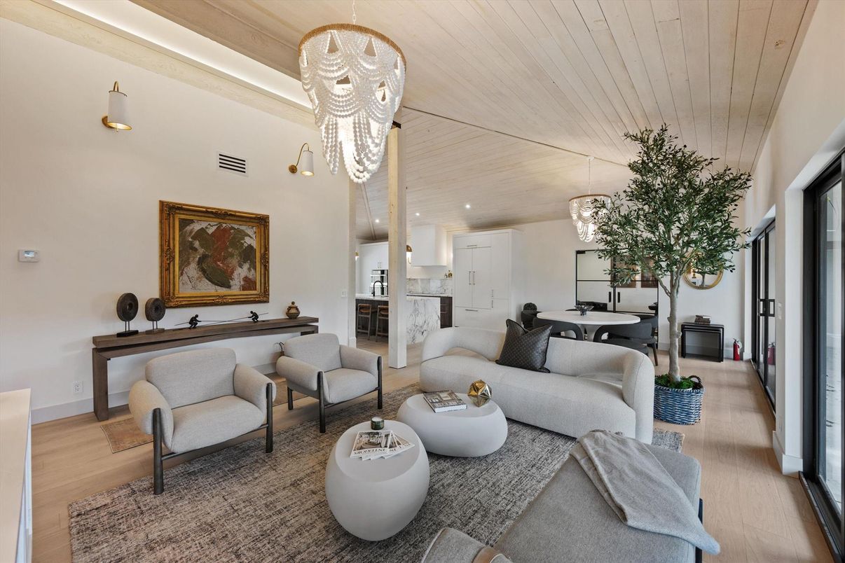 Chandelier, Dining room, Interior, Living room, Pendant Lights, Recessed Lighting, Wooden Ceilings, Wood Texture Flooring