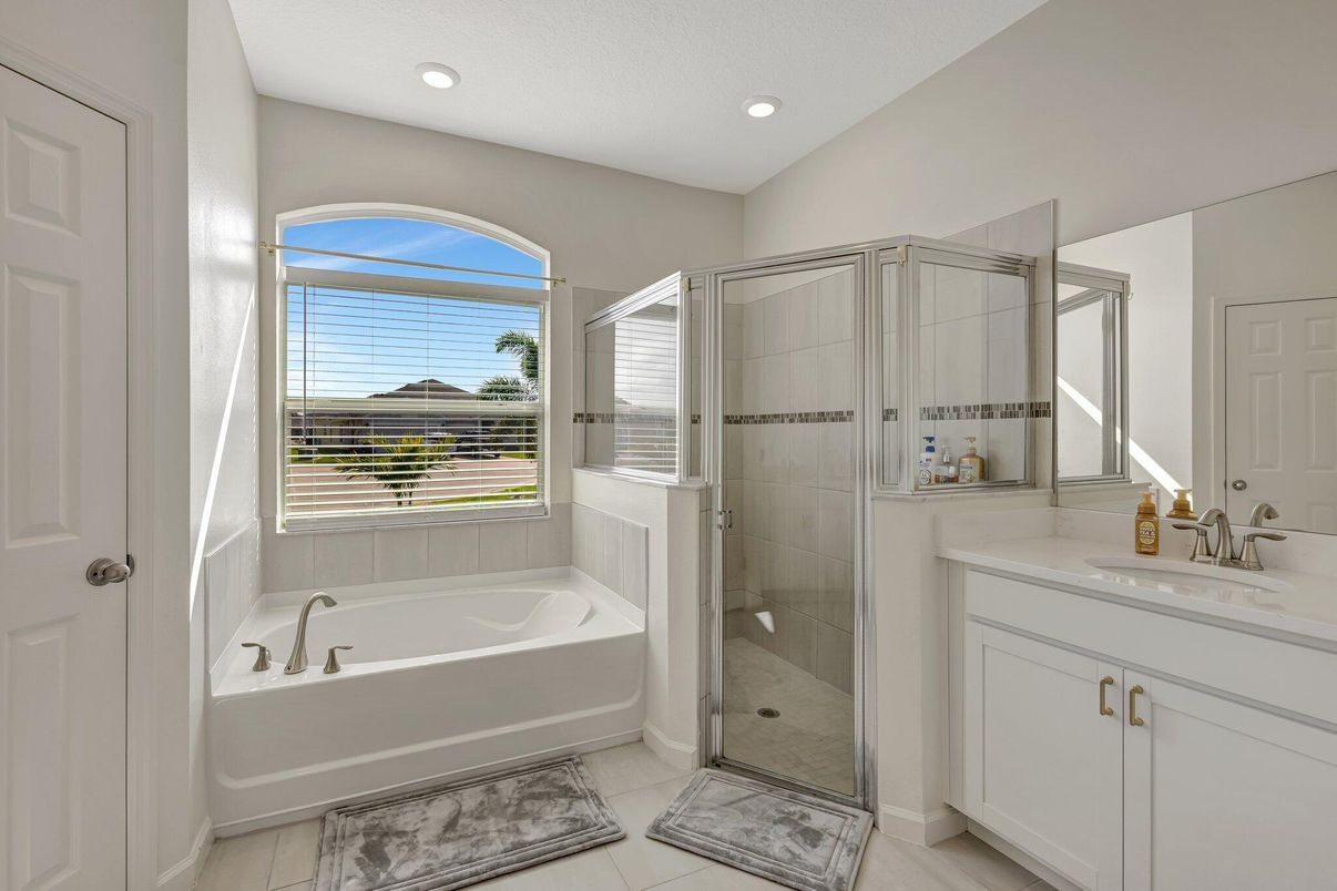Bathroom, Dual Sink Vanities, Glass Shower, Interior, Recessed Lighting