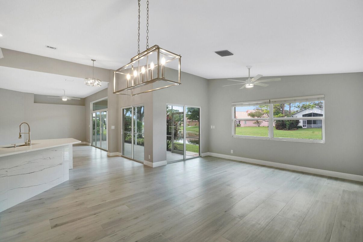 Empty room, Interior, Kitchen, Pendant Lights, Recessed Lighting, Wood Texture Flooring