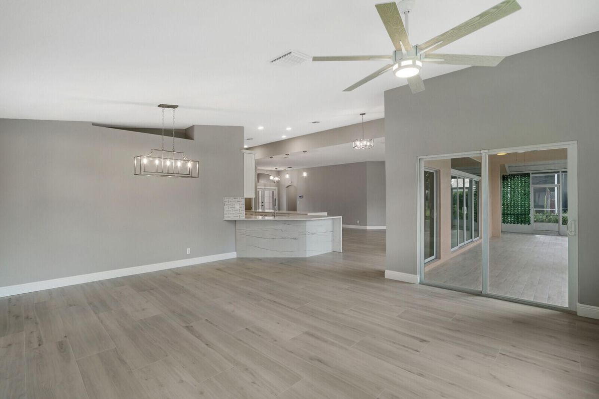 Empty room, Interior, Kitchen, Pendant Lights, Recessed Lighting, Wood Texture Flooring
