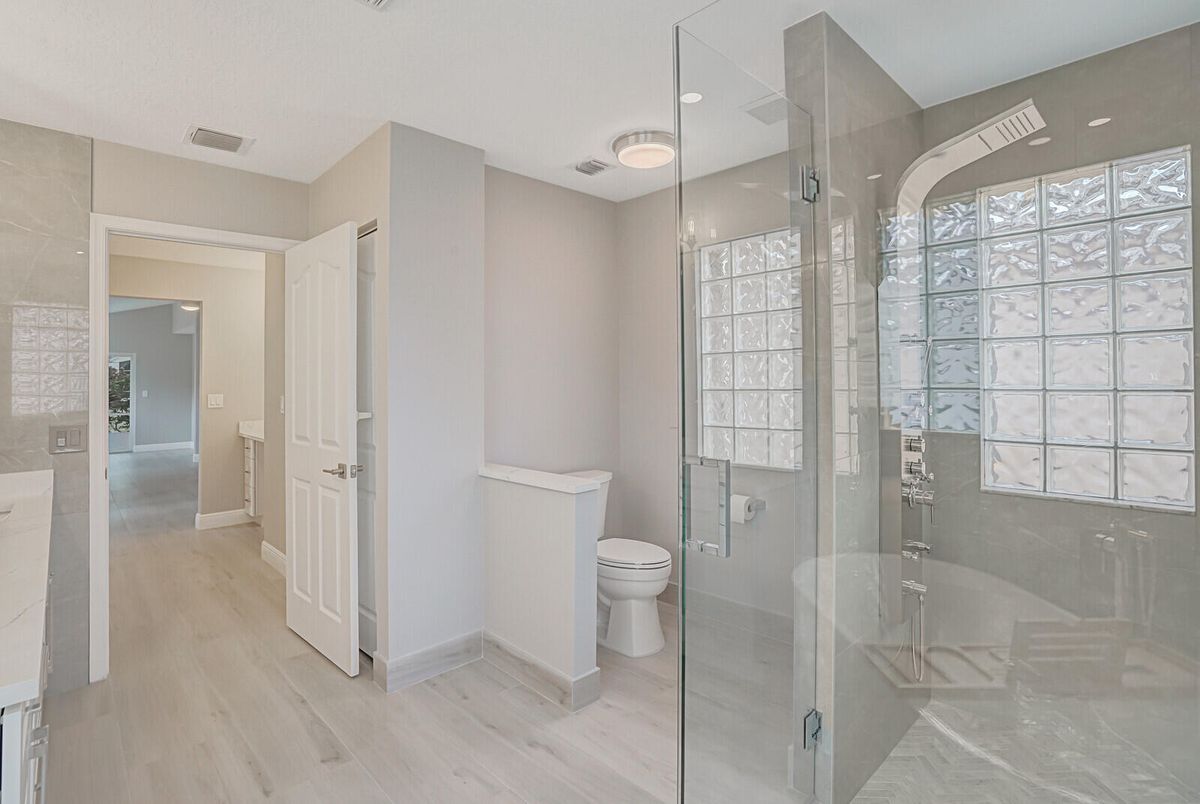Bathroom, Glass Shower, Interior, Recessed Lighting, Wood Texture Flooring