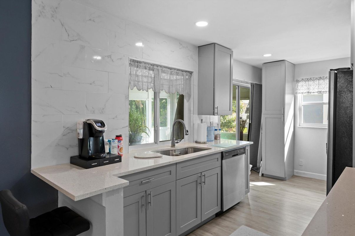 Interior, Kitchen, Marble Walls, Recessed Lighting, Wood Texture Flooring