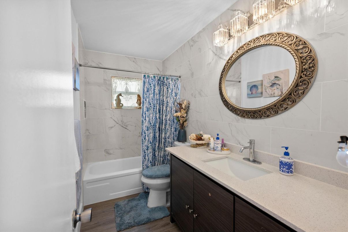 Bathroom, Interior, Marble Walls, Wood Texture Flooring