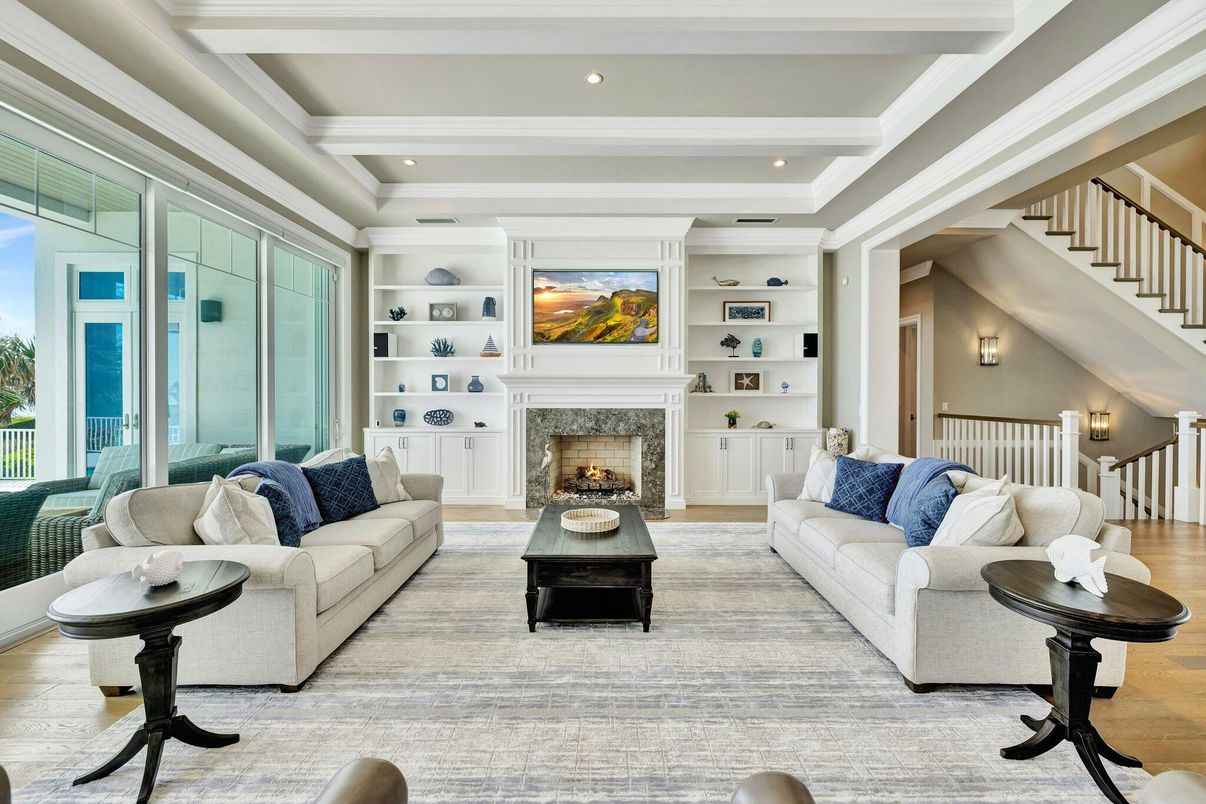 Fireplace, Interior, Living room, Recessed Lighting, Wood Texture Flooring
