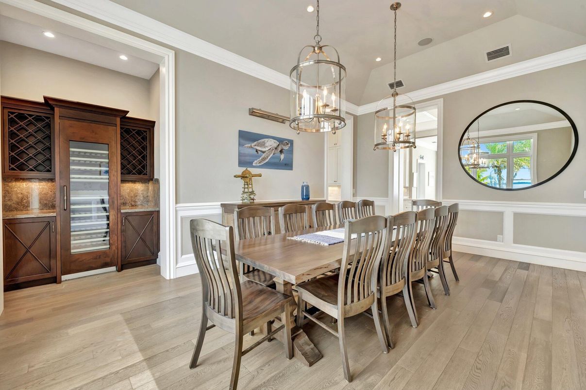 Dining room, Interior, Pendant Lights, Recessed Lighting, Wood Texture Flooring