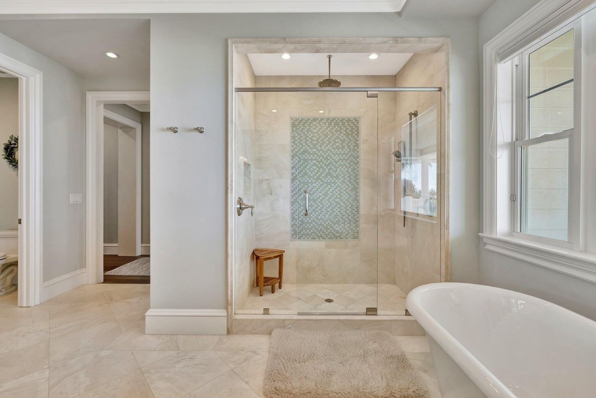 Bathroom, Free Standing Baths, Glass Shower, Interior, Recessed Lighting