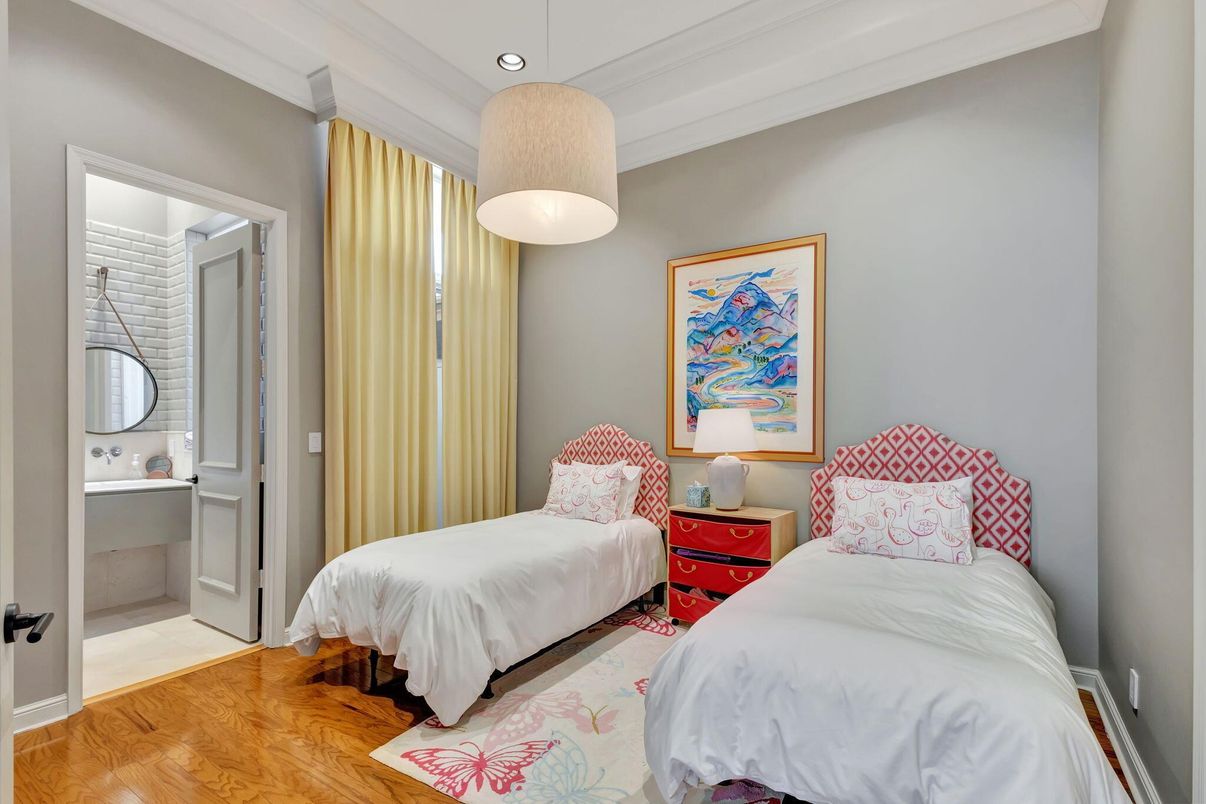 Bedroom, Interior, Pendant Lights, Recessed Lighting, Wood Texture Flooring