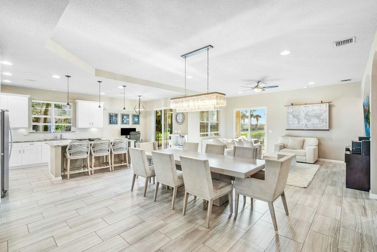 Chandelier, Dining room, Interior, Kitchen, Living room, Pendant Lights, Recessed Lighting, Wood Texture Flooring