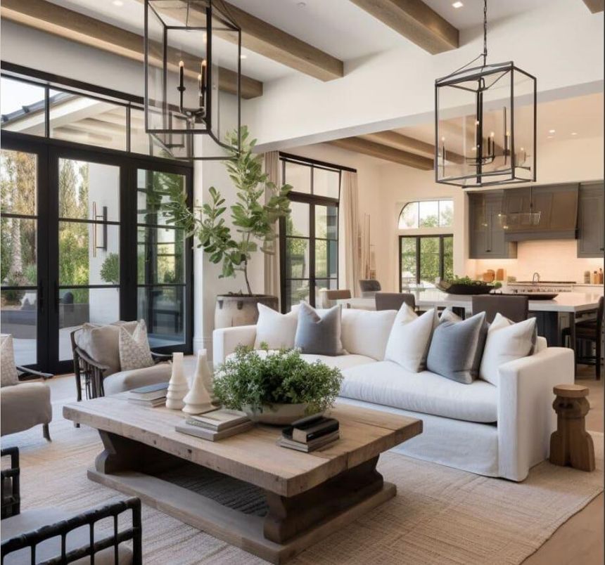 Dining room, Interior, Kitchen, Living room, Pendant Lights, Recessed Lighting, Wooden Beams