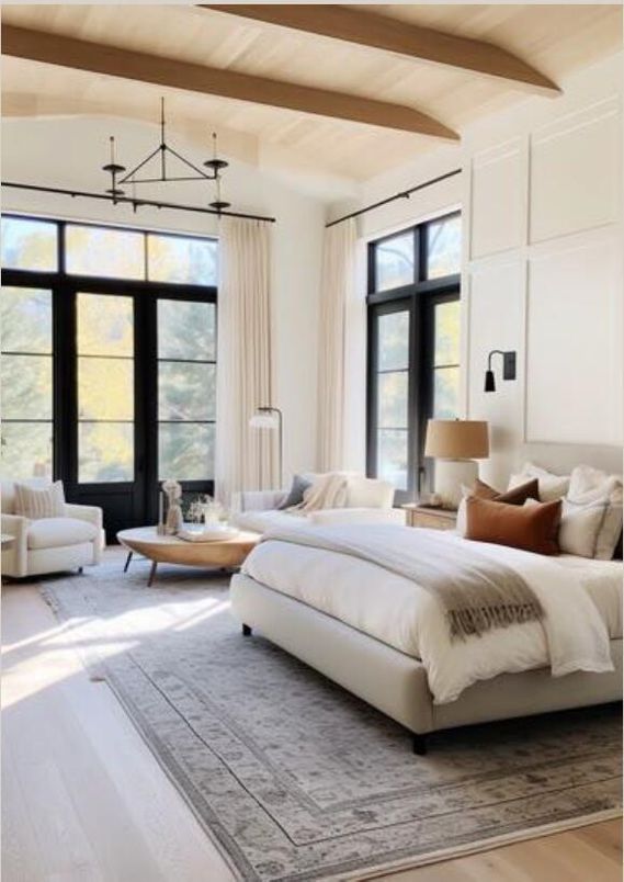 Bedroom, Interior, Pendant Lights, Wooden Beams, Wooden Ceilings, Wood Texture Flooring
