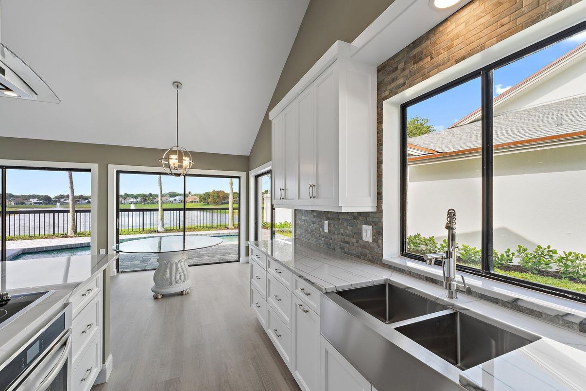 Interior, Kitchen, Pendant Lights, Recessed Lighting, Water, Wood Texture Flooring