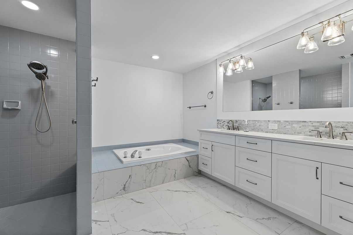 Bathroom, Dual Sink Vanities, Interior, Marble, Recessed Lighting
