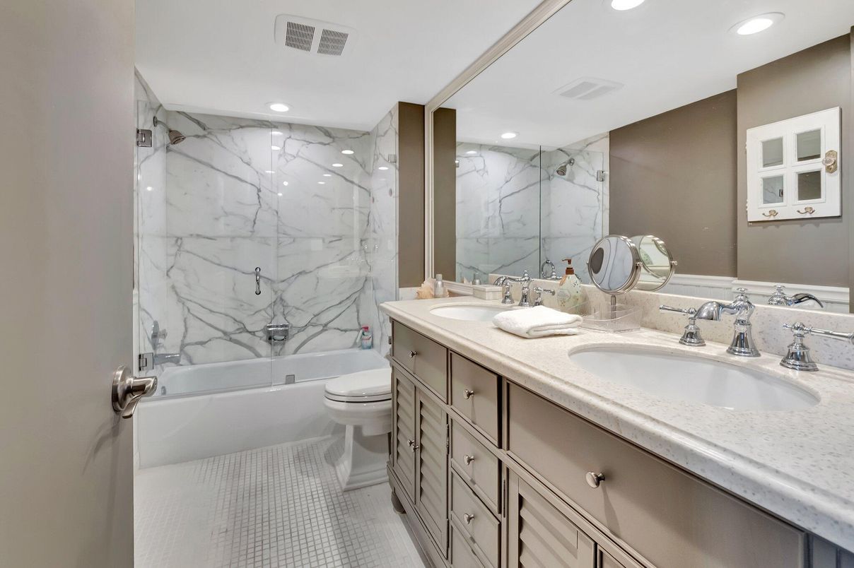 Bathroom, Dual Sink Vanities, Interior, Marble Walls, Recessed Lighting