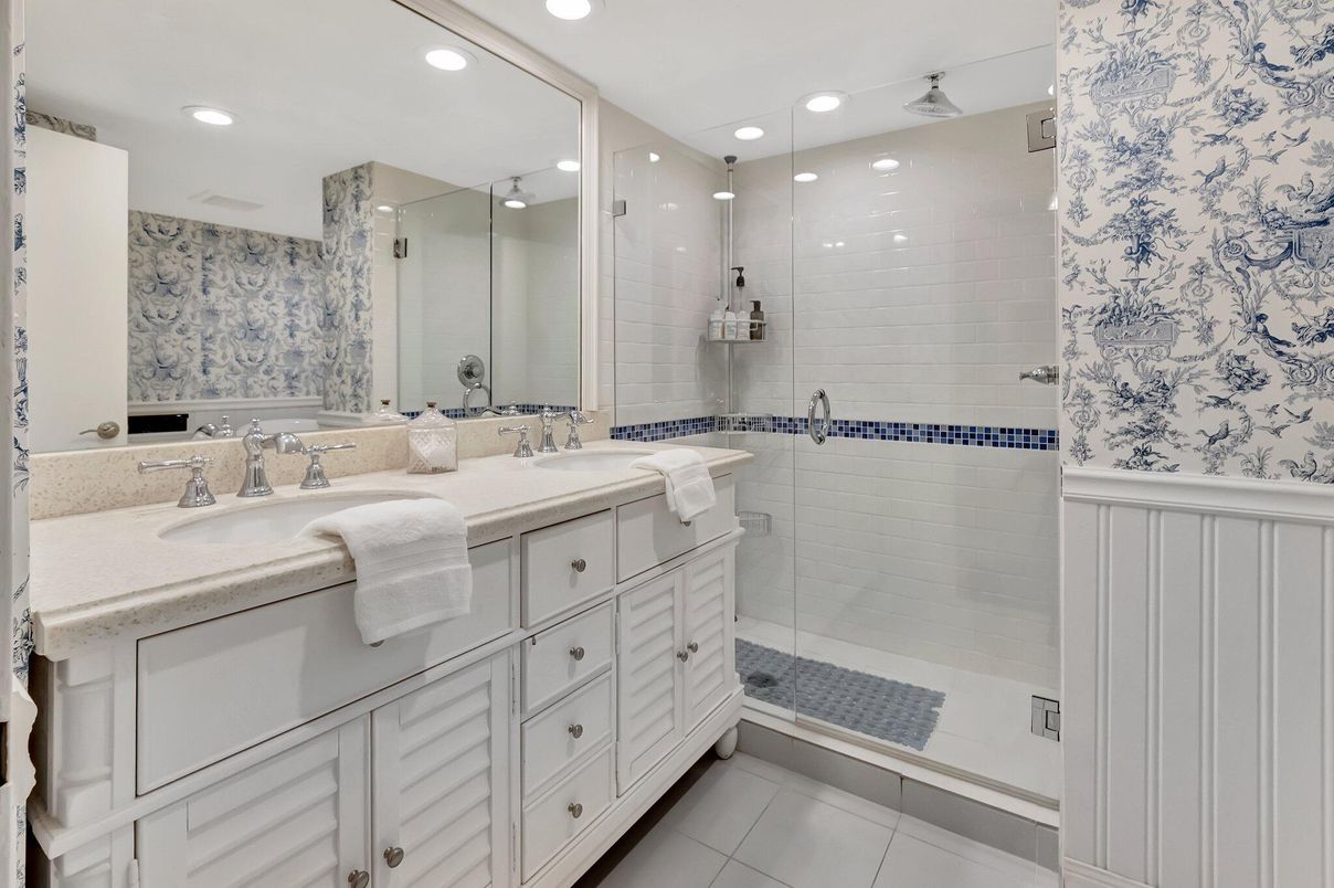 Bathroom, Dual Sink Vanities, Glass Shower, Interior, Recessed Lighting
