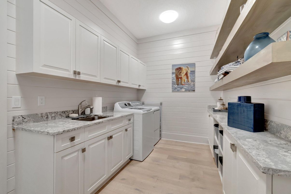 Interior, Kitchen, Recessed Lighting, Washer, Wood Texture Flooring