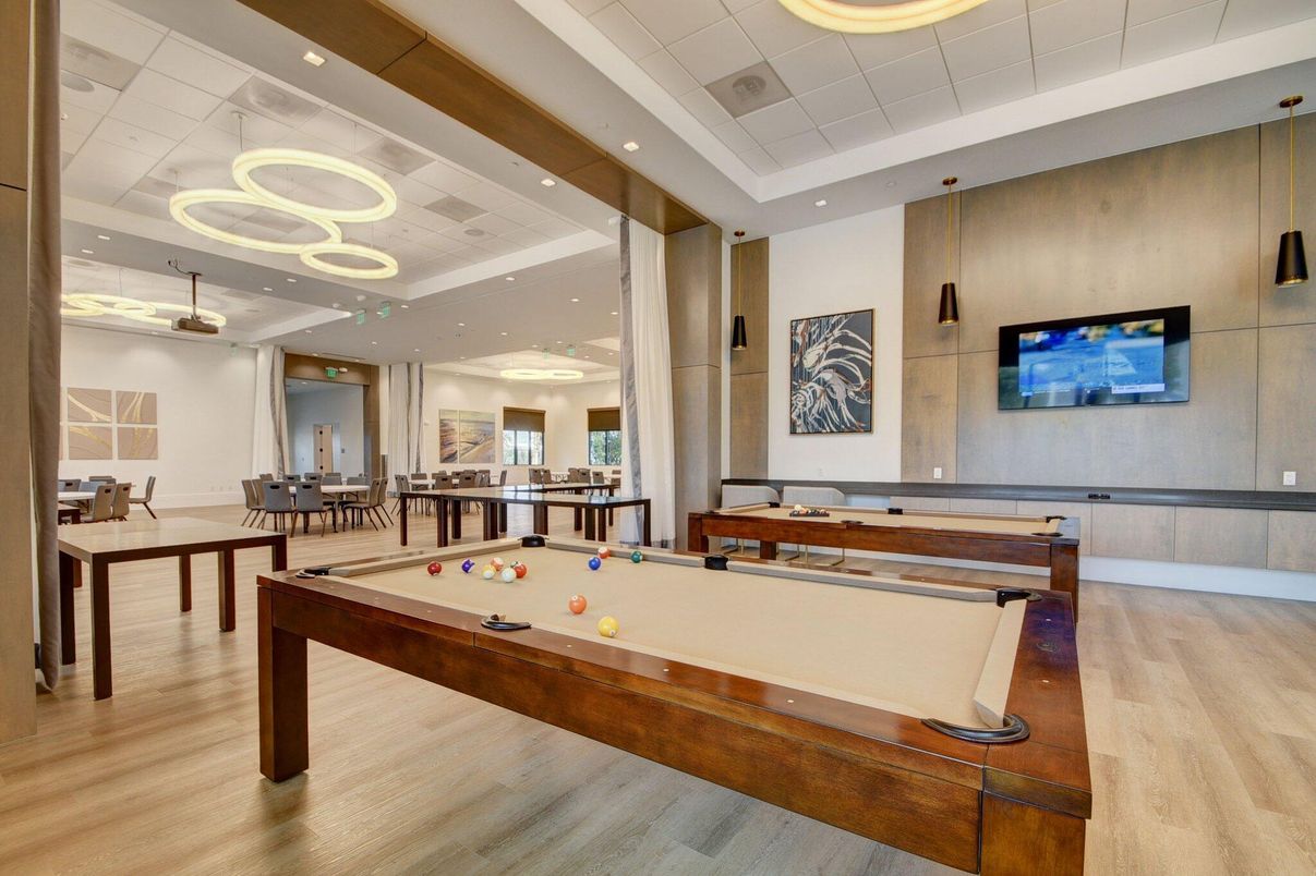 Billiard Table, Game Room, Interior, Pendant Lights, Recessed Lighting, Wood Texture Flooring