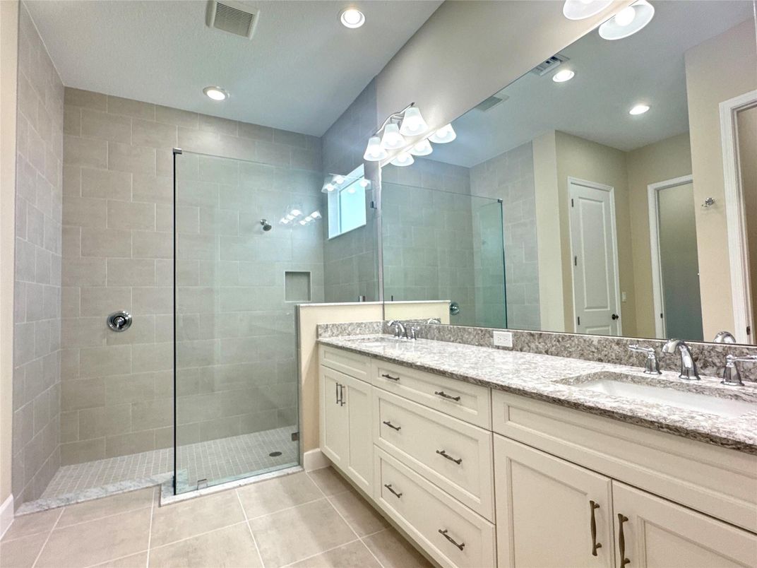 Bathroom, Dual Sink Vanities, Glass Shower, Interior, Recessed Lighting