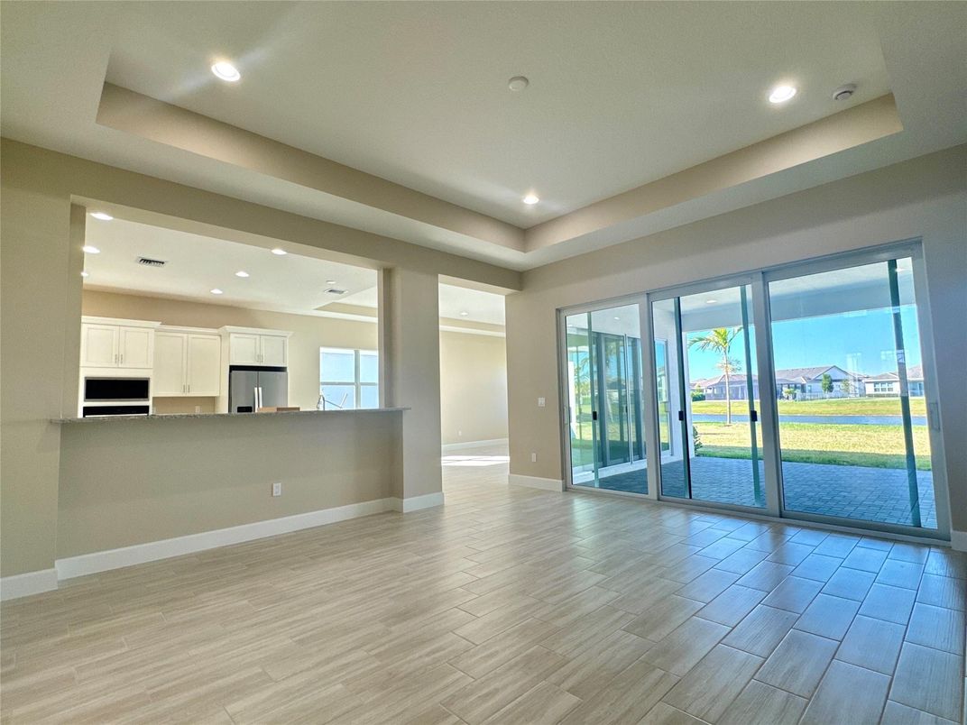 Empty room, Interior, Kitchen, Recessed Lighting, Wood Texture Flooring