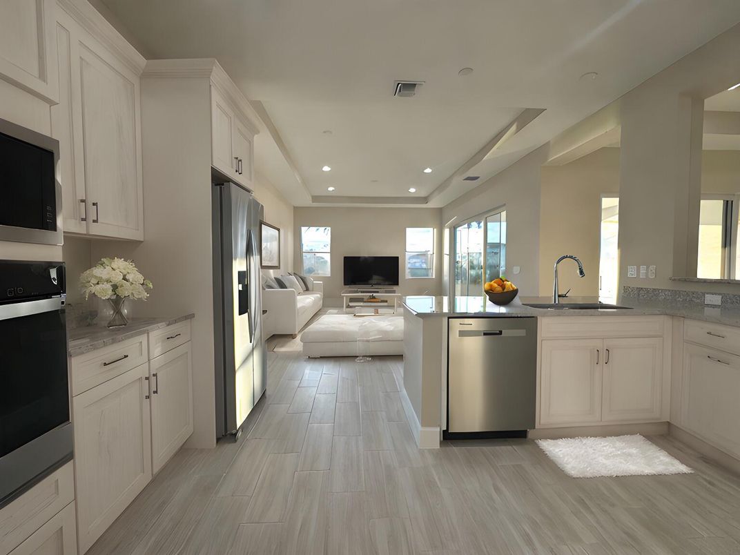 Interior, Kitchen, Living room, Recessed Lighting, Wood Texture Flooring