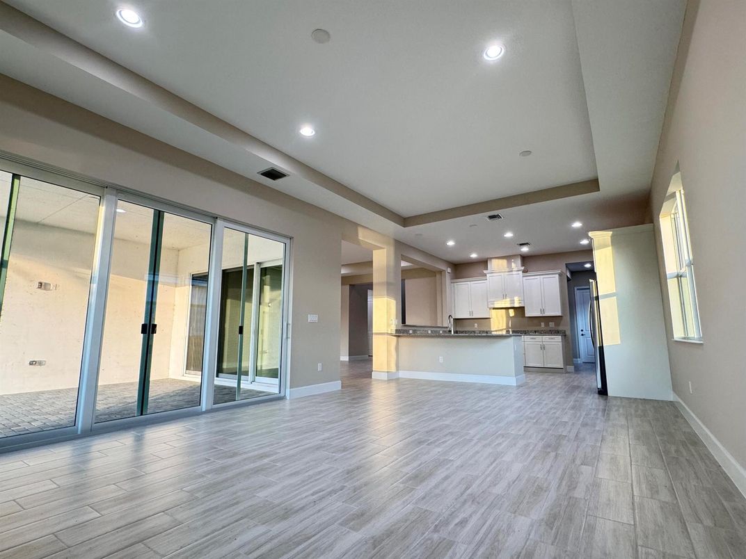 Empty room, Interior, Kitchen, Pendant Lights, Recessed Lighting, Wood Texture Flooring