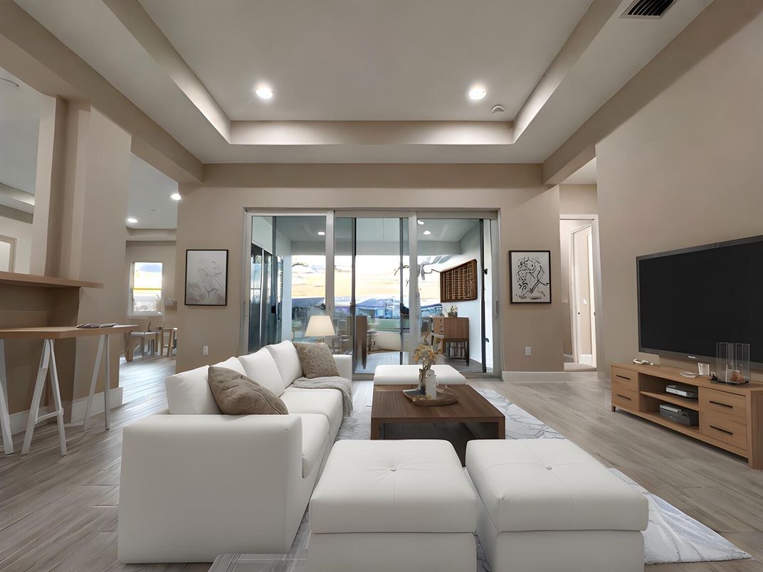 Dining room, Interior, Living room, Recessed Lighting, Wood Texture Flooring