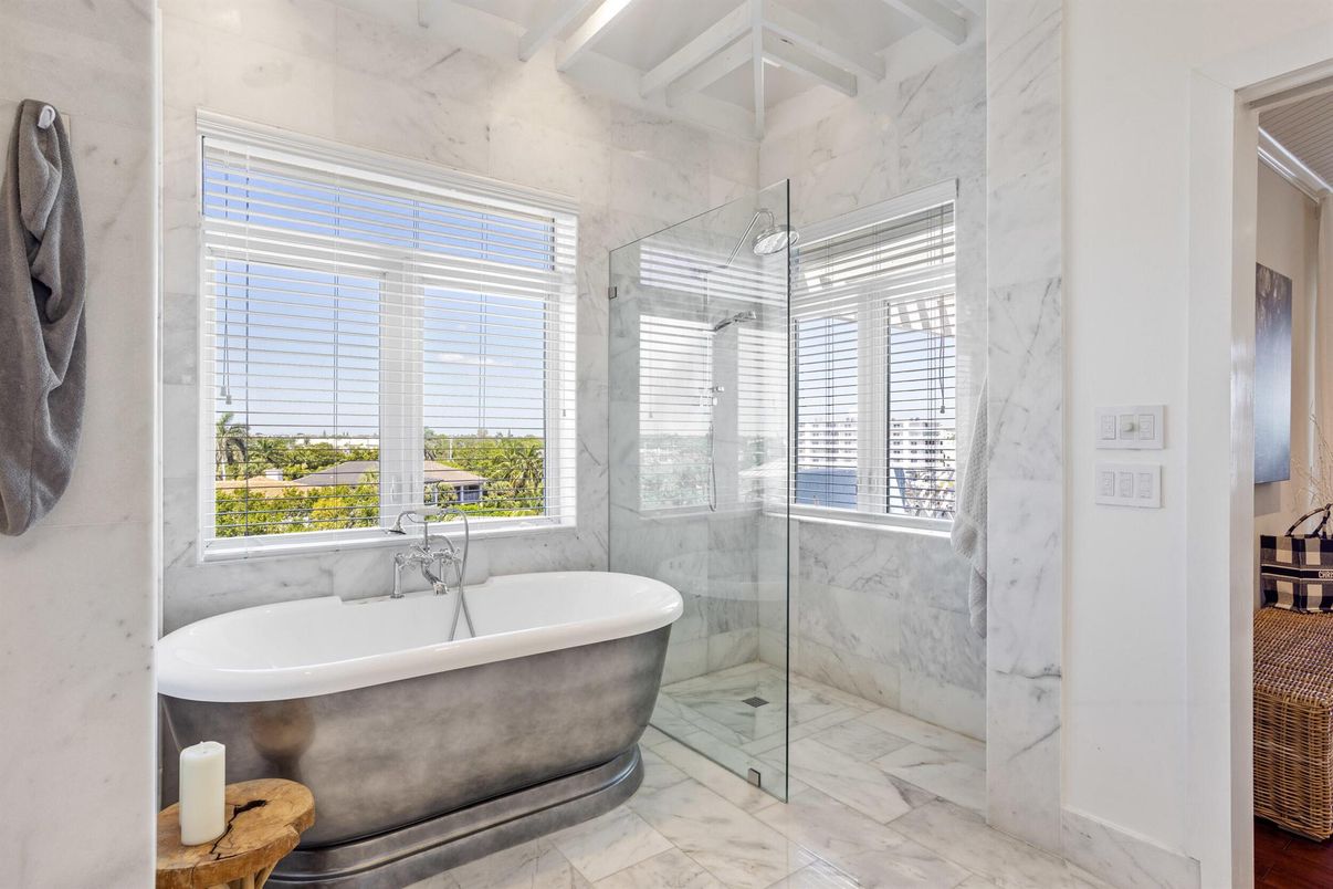 Bathroom, Free Standing Baths, Glass Shower, Interior, Marble, Marble Walls