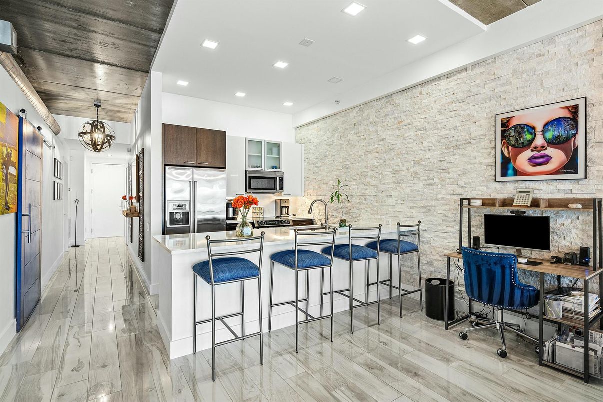 Home Office, Interior, Kitchen, Pendant Lights, Recessed Lighting, Stainless Steel Appliances, Stone Walls, Wooden Ceilings, Wood Texture Flooring