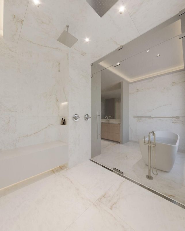 Bathroom, Free Standing Baths, Interior, Marble, Marble Walls, Recessed Lighting