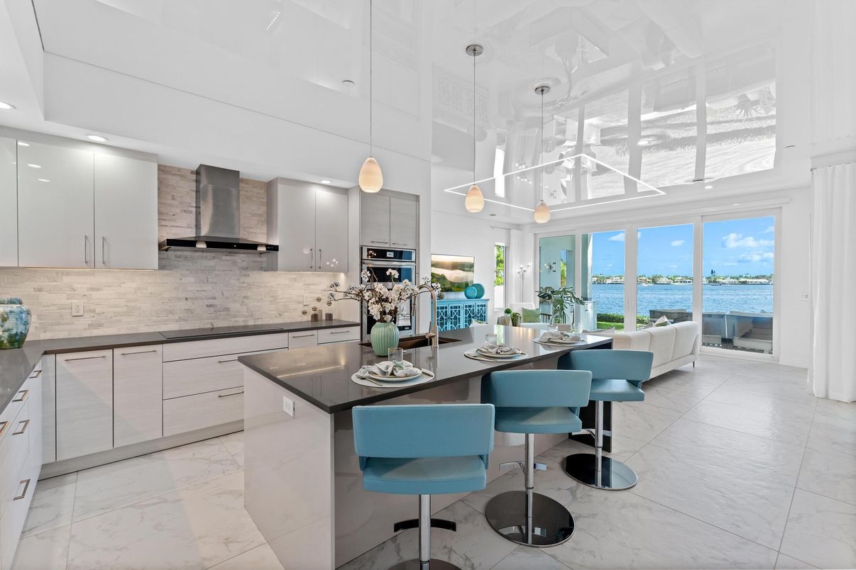 Interior, Kitchen, Marble, Pendant Lights, Recessed Lighting, Stainless Steel Appliances, Water