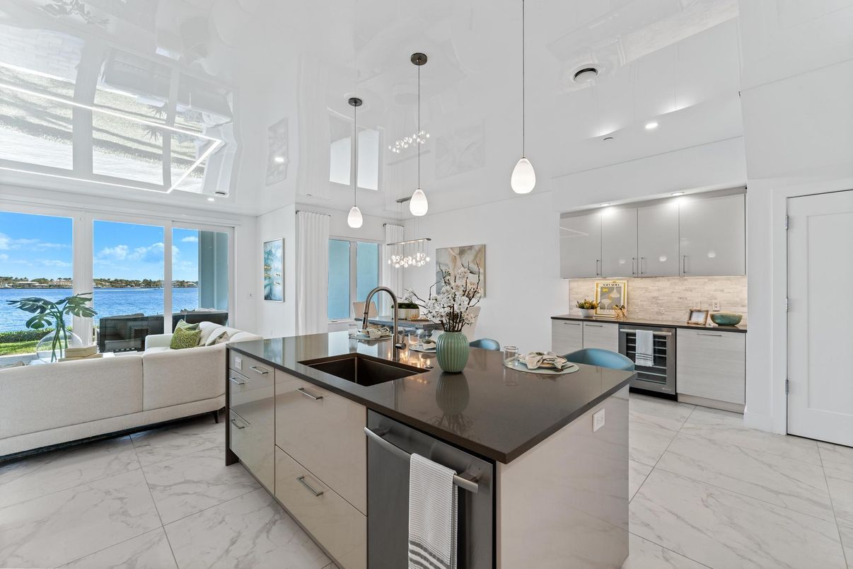 Interior, Kitchen, Marble, Pendant Lights, Recessed Lighting, Stainless Steel Appliances, Water