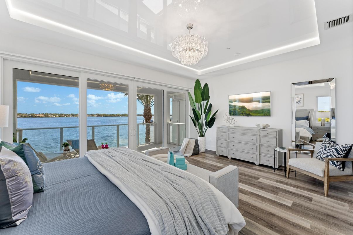 Bedroom, Chandelier, Interior, Water, Wood Texture Flooring