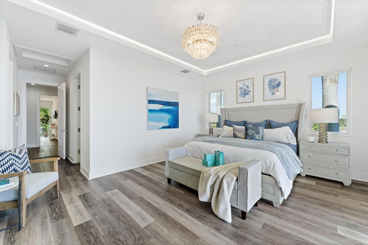 Bedroom, Chandelier, Interior, Recessed Lighting, Wood Texture Flooring