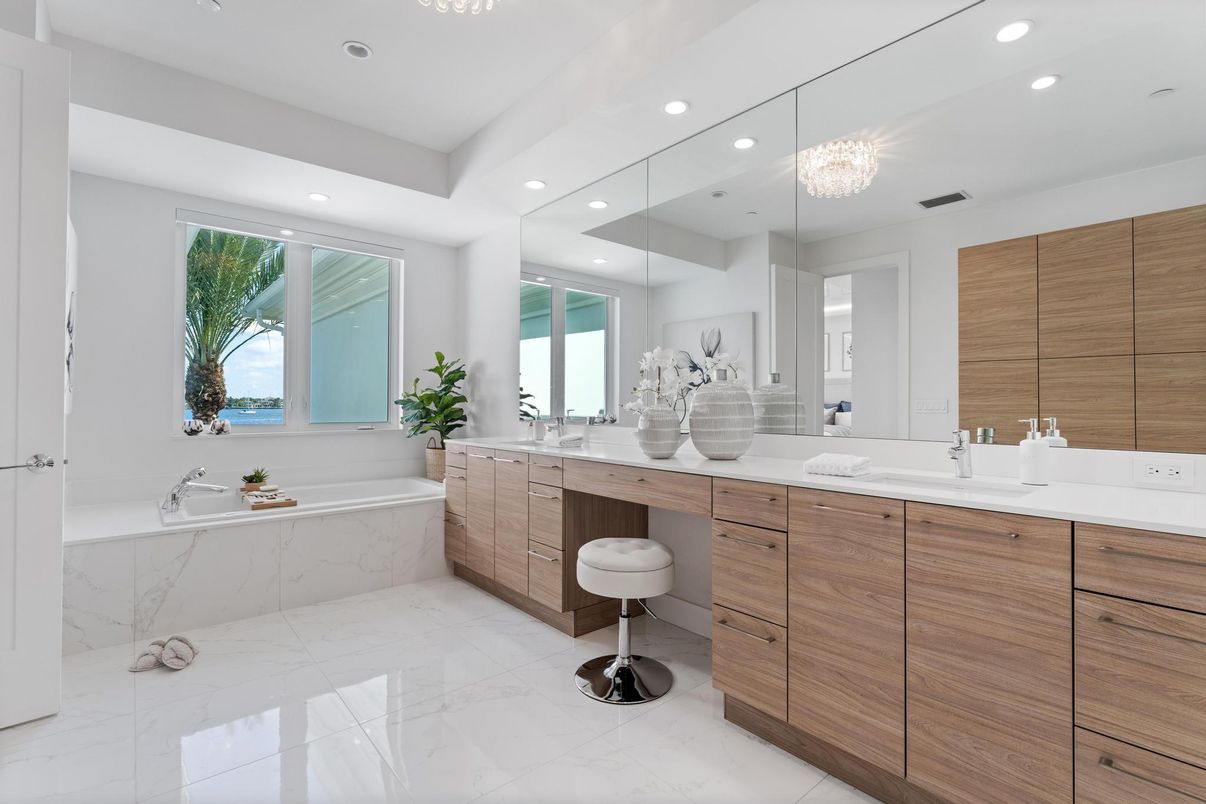Bathroom, Chandelier, Dual Sink Vanities, Interior, Marble, Recessed Lighting