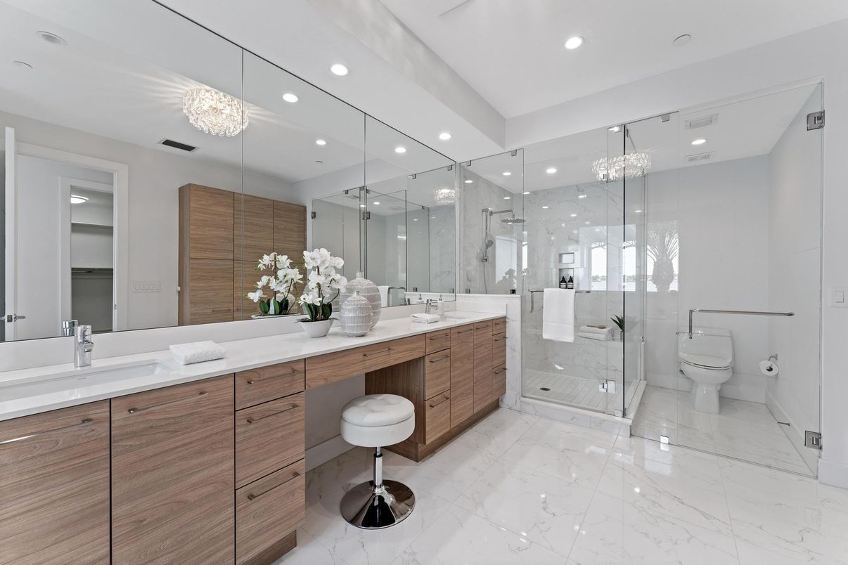 Bathroom, Chandelier, Dual Sink Vanities, Glass Shower, Interior, Marble, Recessed Lighting