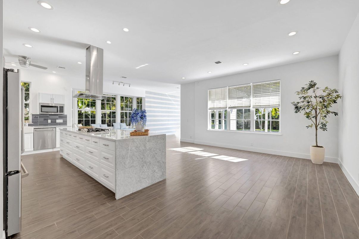 Interior, Kitchen, Pendant Lights, Recessed Lighting, Stainless Steel Appliances, Wood Texture Flooring