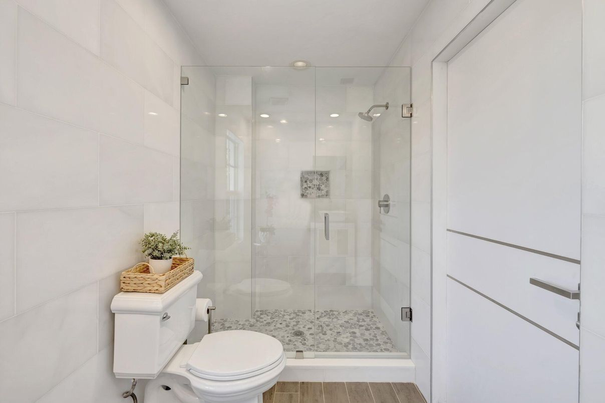 Bathroom, Glass Shower, Interior, Recessed Lighting, Wood Texture Flooring