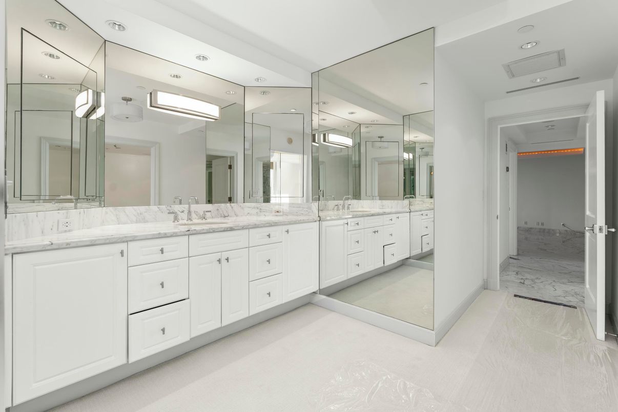 Bathroom, Dual Sink Vanities, Interior, Marble, Recessed Lighting