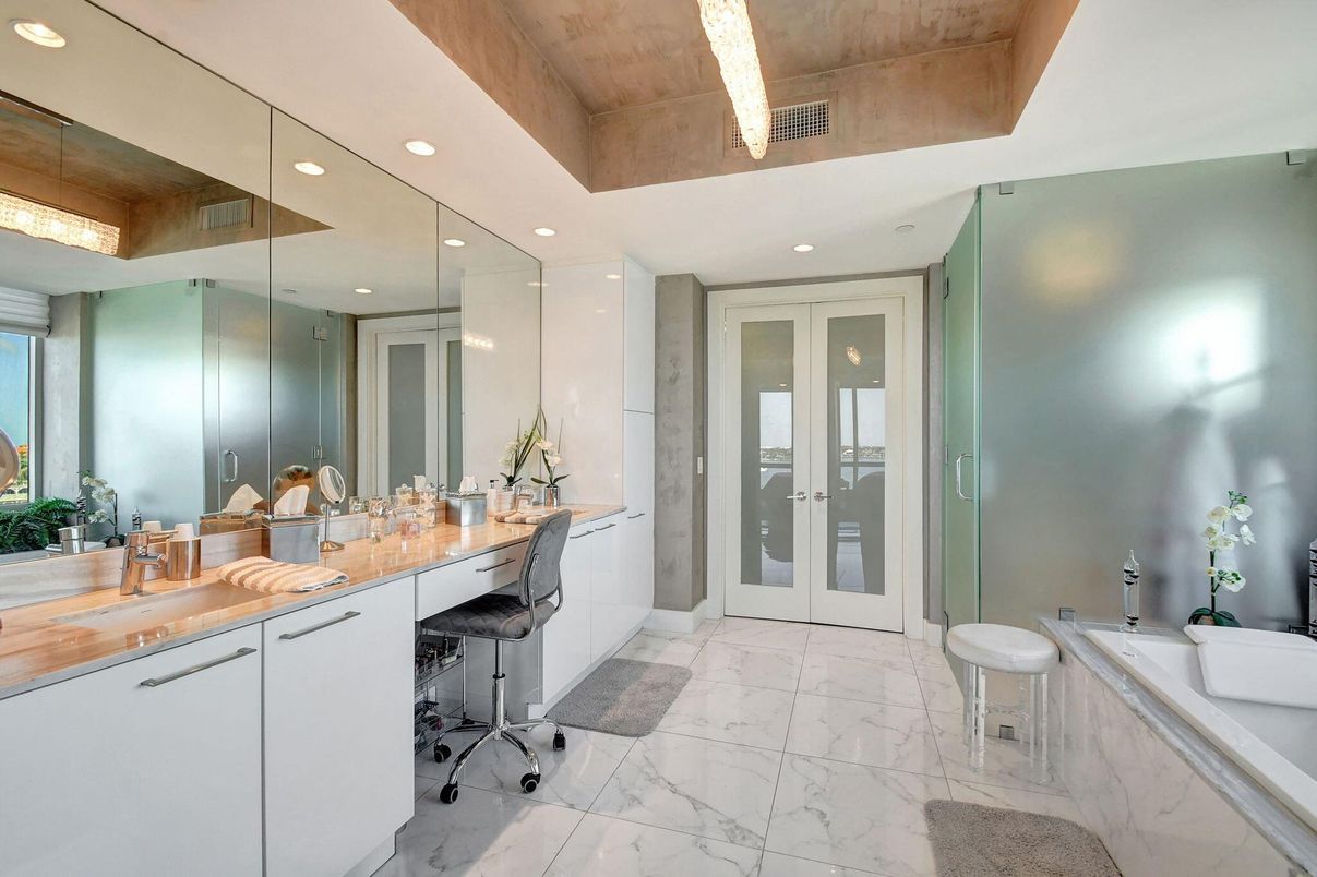 Bathroom, Interior, Marble, Recessed Lighting, Wooden Ceilings