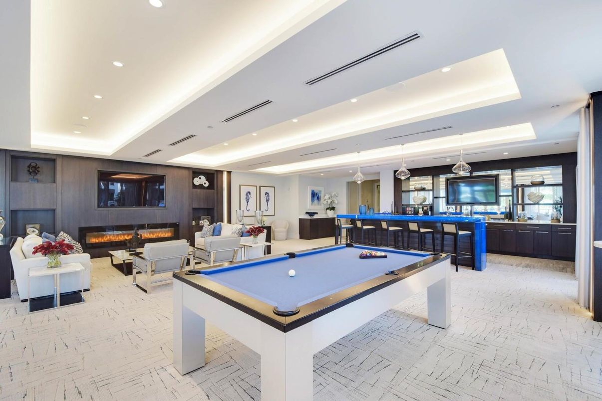 Billiard Table, Fireplace, Game Room, Interior, Living room, Pendant Lights, Recessed Lighting