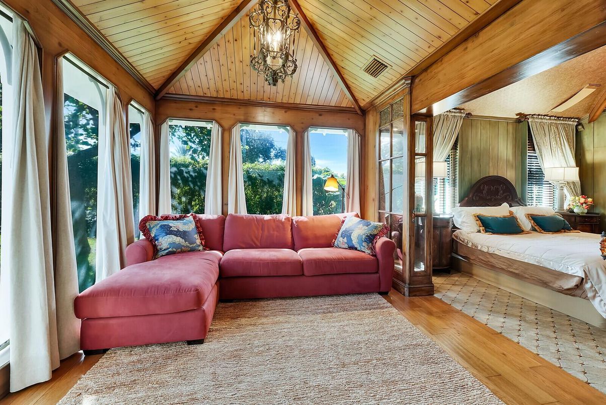Bedroom, Chandelier, Interior, Wooden Ceilings, Wood Texture Flooring
