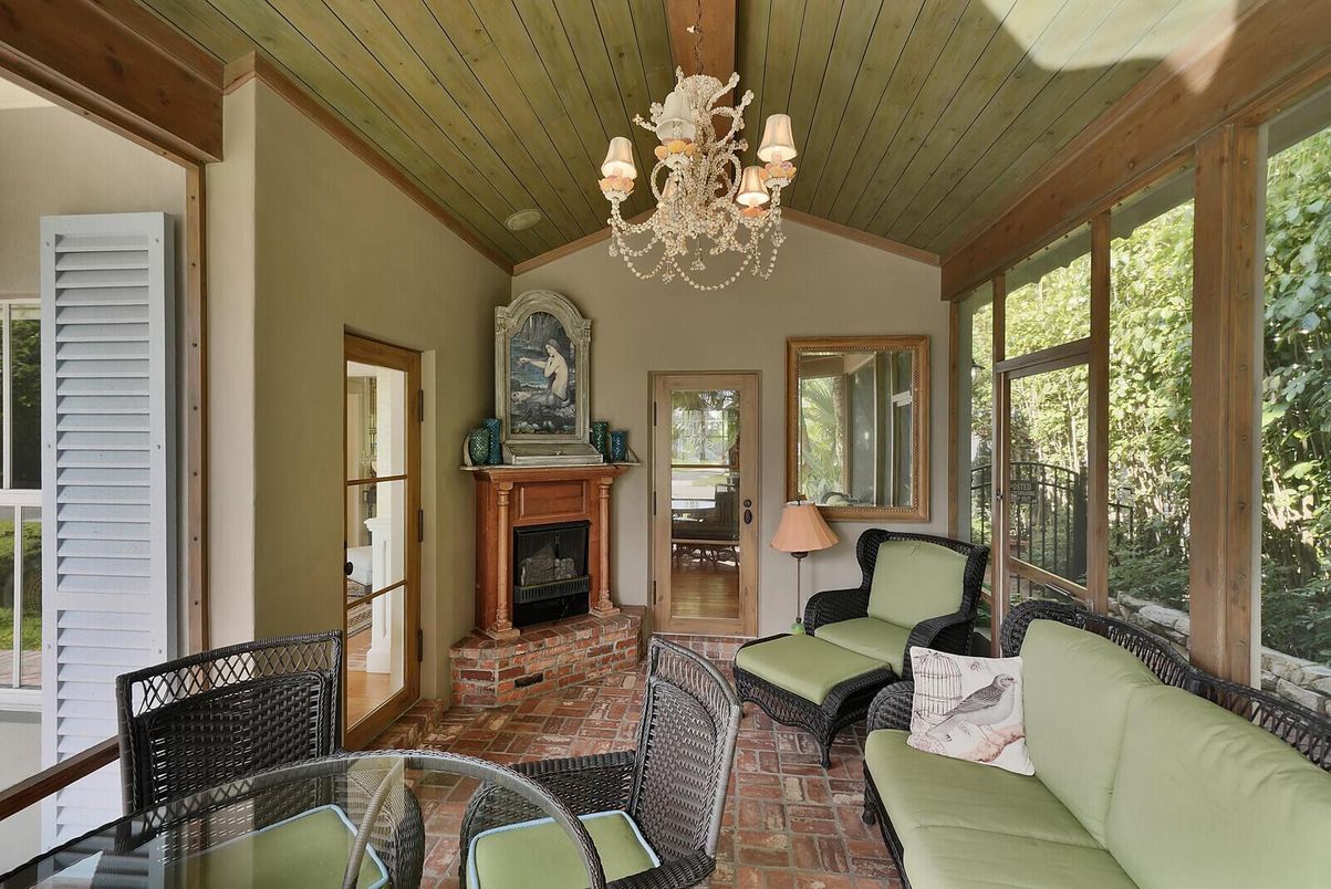 Chandelier, Fireplace, Interior, Sun Room