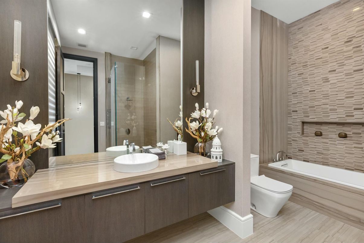 Bathroom, Glass Shower, Interior, Recessed Lighting, Wood Texture Flooring