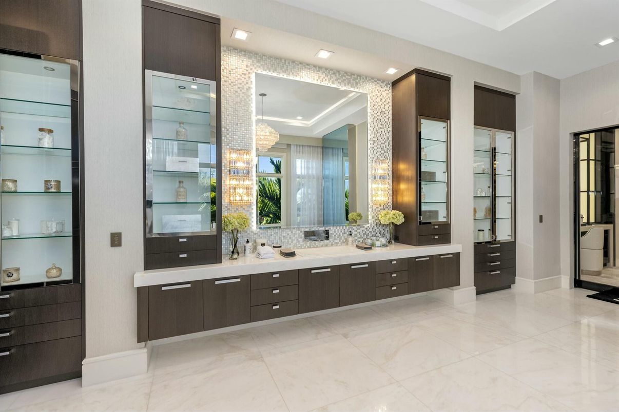 Bathroom, Chandelier, Dual Sink Vanities, Interior, Marble, Recessed Lighting