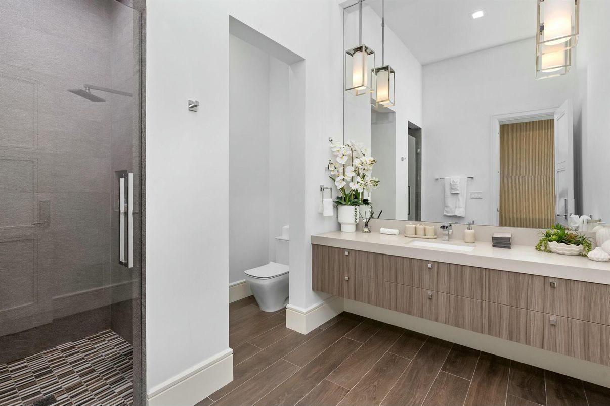 Bathroom, Glass Shower, Interior, Pendant Lights, Recessed Lighting, Wood Texture Flooring